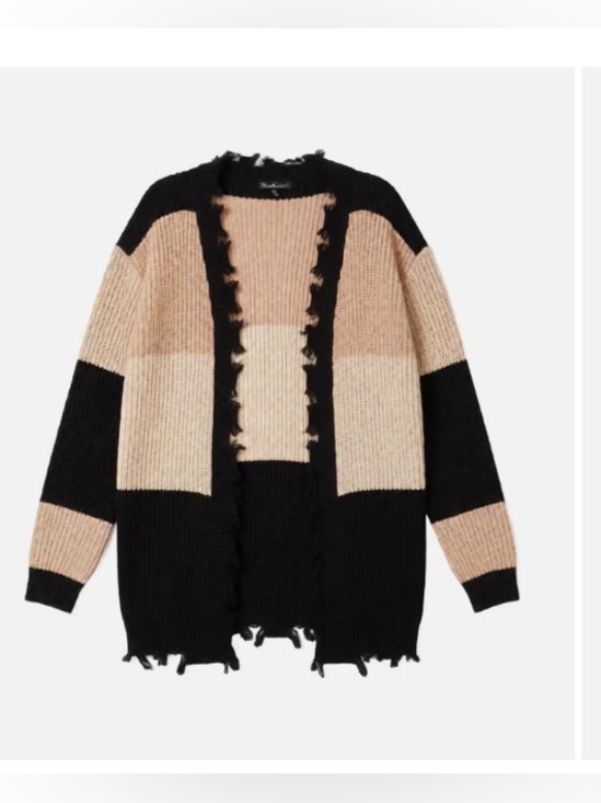 Derek Heart Sweaters - DEREK HEART • Fringe Frayed Edge Detail Black and Beige Colorblock Open Cardigan